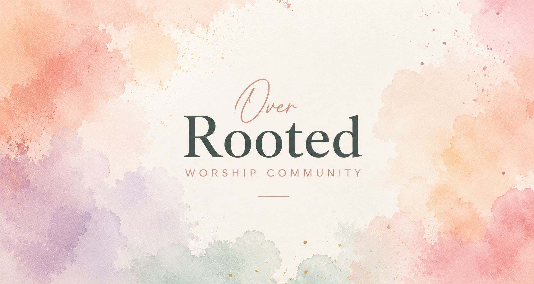 Aquarelheader in zachte pastelkleuren met de tekst Over Rooted Worship Community.